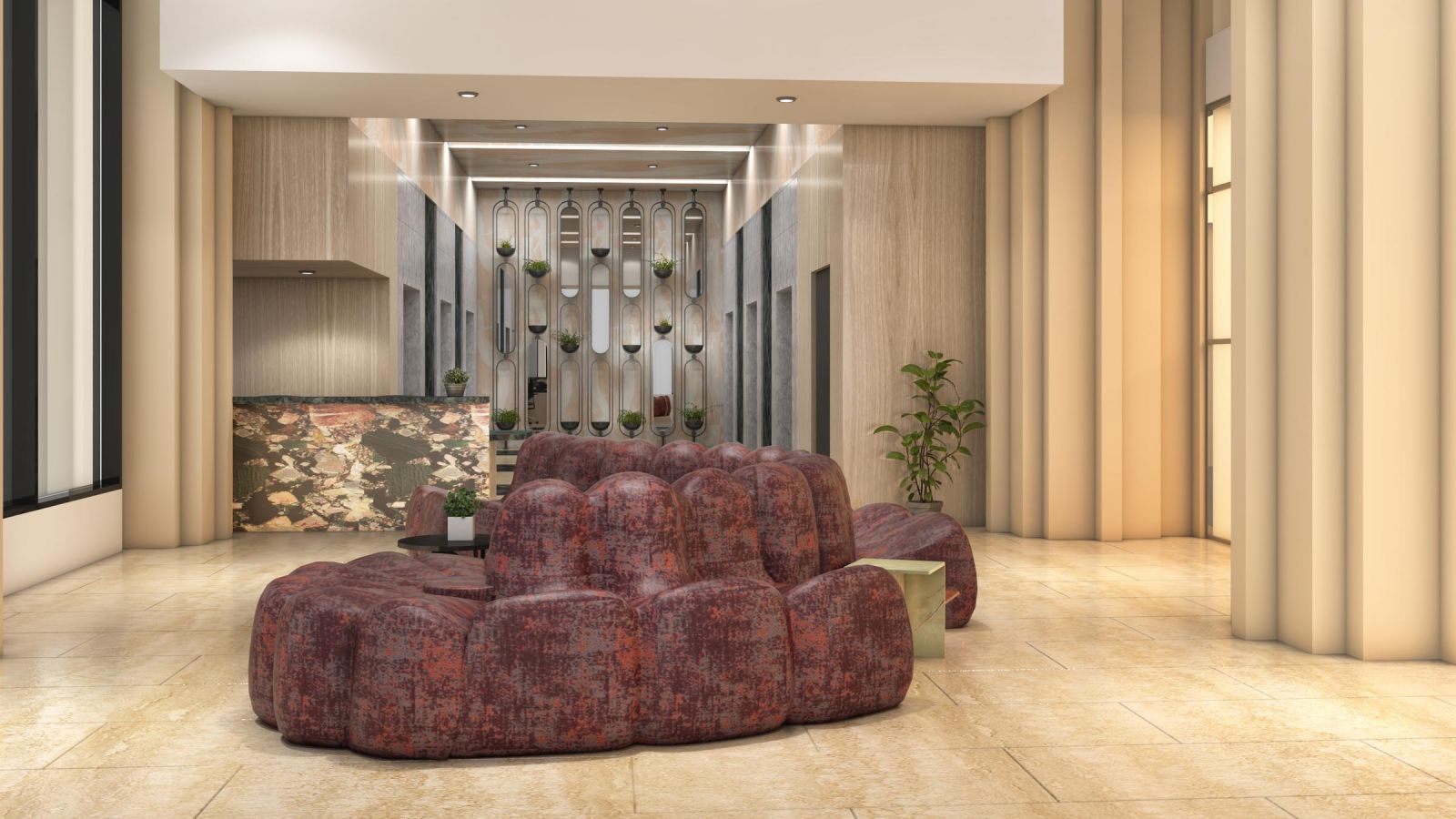 Landmark Tower Modern lobby with red sofas, a marble reception desk, vertical plant wall, and large windows.