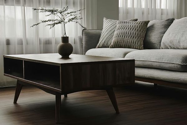 Minimalist living room with a gray sofa, wooden coffee table, and a potted plant, illuminated by natural light.