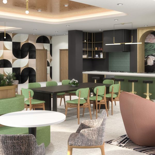 Landmark Tower Modern cafe interior with green and brown decor, various seating, abstract wall art, and counter area.
