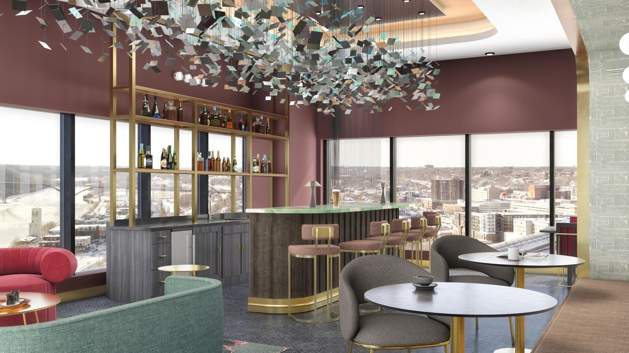 Landmark Tower Modern bar interior with abstract ceiling art, large windows, stylish seating, and shelves of bottles. City view outside.